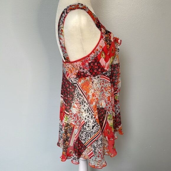 Donna sheer ruffled, asymmetrical tank top.  Cottagecore. Small. Floral Print. - Picture 2 of 5